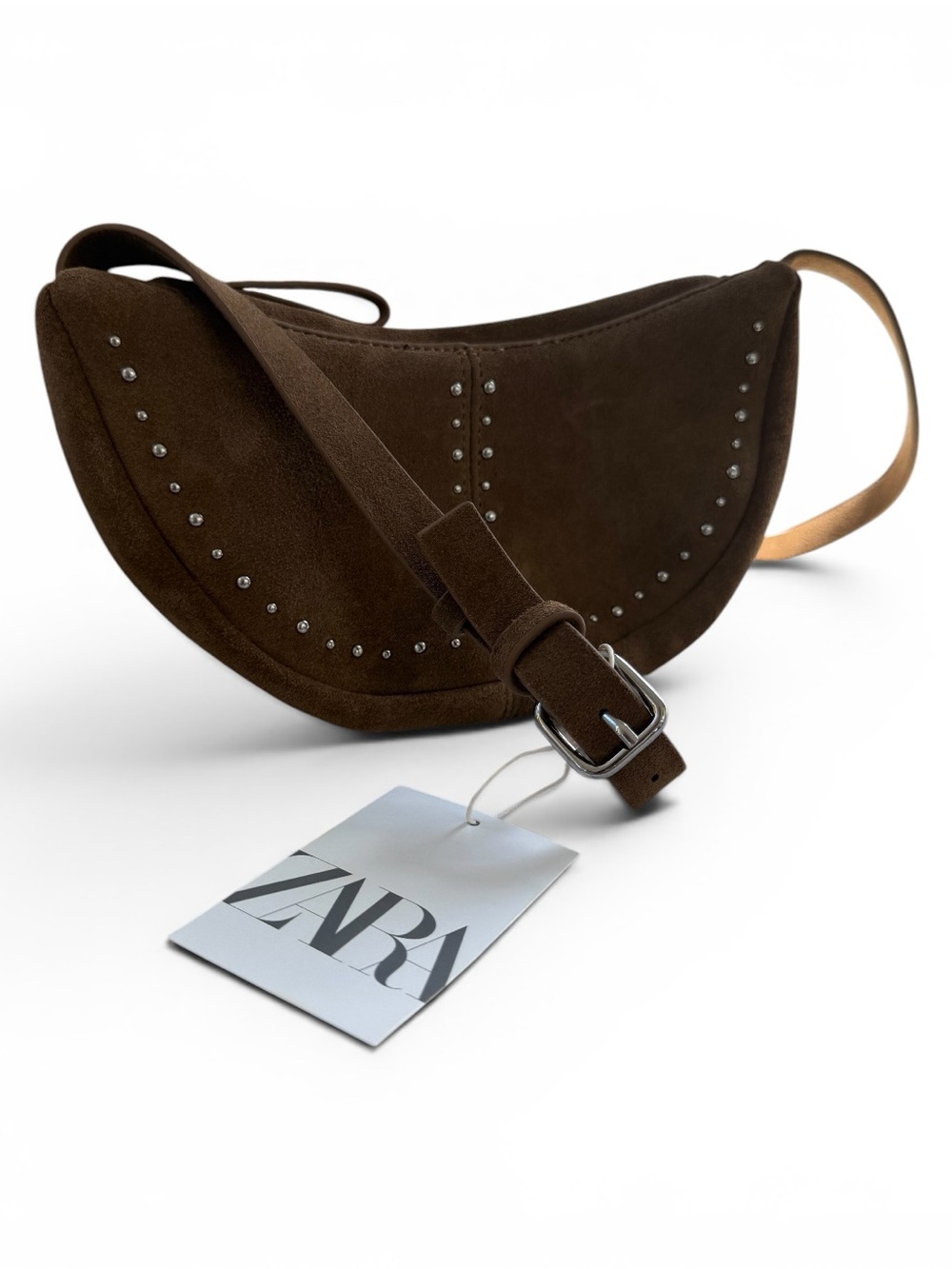 ZARA Taupe Suede Crescent Crossbody with Studs